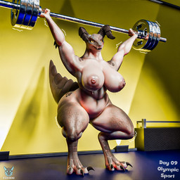 anthro areola big_breasts bodily_fluids breasts butt claws deadlift dumbbell exercise female genitals horn nipples non-mammal_breasts non-mammal_nipples nude solo sweat sweaty_breasts sweaty_legs tail teeth text weightlifting weights workout foxibiki vulgarvictor_(modeler) fallout microsoft yifftember25 mommyclaw_(vulgarvictor) deathclaw mammal reptile scalie 1:1 3d_(artwork) blender_(artwork) blender_cycles_(artwork) digital_media_(artwork) english_text