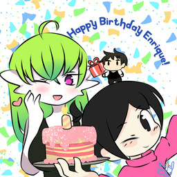ahoge birthday_cake birthday_candle birthday_gift black_eyes black_hair cake chibi confetti dessert female food green_hair group hair hand_on_cheek heart_reaction heart_symbol heart_wink male not_furry one_eye_closed open_mouth purple_eyes simple_background text wink rosse_chan nintendo pokemon ailin_gardevoir gardevoir generation_3_pokemon human mammal pokemon_(species) 1:1 2021 english_text signature