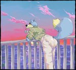 anthro blue_body blue_fur bottomwear cigarette clean_diaper clothed clothing cloud detailed_background diaper diaper_bulge diaper_under_clothing fur leaning leaning_forward looking_back male pants railing rear_view shirt sky skyscape smoke smoking smoking_cigarette solo sun sunset tail topwear water wearing_diaper white_body white_fur handsomelad neopets lupe_(neopets) neopet_(species) 2023 hi_res