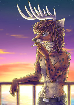 abs anthro antlers arm_support blue_eyes bottomwear cigarette clothed clothing denim denim_bottomwear denim_clothing fangs half-closed_eyes horn jeans male markings muscular muscular_anthro muscular_male narrowed_eyes outside pants sea smoking solo spots spotted_body spotted_skin standing sunset teeth topless water toshaviktory general_taboo_(copyright) oleniev_aalborg_olly_(character) cheetah deer felid feline hybrid mammal absurd_res hi_res