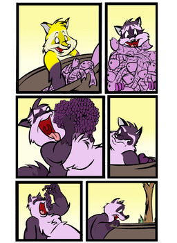 anthro cauldron color_change eating fish_meat food fruit fur grape grass male meat overweight overweight_anthro overweight_male palm_tree pink_tongue plant purple_body purple_fur red_insides solo stuffing tongue tree uvula yellow_body yellow_fur dutch_(artist) mammal procyonid raccoon 2011 colored comic