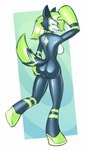 anthro butt diamond_(marking) female green_hair hair hypnotic_eyes latex markings rear_view solo speaker_ears striped_markings stripes c91 dempsie_(c91) bopper_(c91) canid canine fox latex_creature living_latex mammal absurd_res hi_res