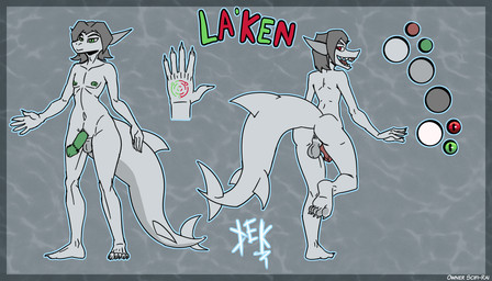 anus balls butt feet genitals hand_tattoo penis presenting presenting_hindquarters tail tattoo teeth wide_hips destruteka fish marine shark hi_res model_sheet