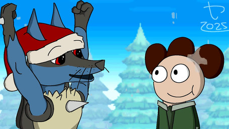 3_fingers abdominal_impalement anthro big_pupils blue_body blue_fur blue_sky brown_hair chest_spike christmas_clothing christmas_headwear clenched_teeth closed_smile clothed clothing dialogue duo eyebrows fingers floating_eyebrows fur green_clothing green_topwear grey_body grey_fur hair hand_spike hands_above_head hat headgear headwear hole_in_chest holidays hug impalement light_body light_skin looking_worried male mouth_closed neck_tuft open_mouth open_smile pointy_ears pupils red_eyes santa_hat scribble_eyes sky small_pupils smile snout snow spike_(anatomy) spikes spikes_(anatomy) standing tan_body tan_fur teeth toony topwear tuft whisker_spots whiskers carnaltwin christmas nintendo pokemon cairo_(carnaltwin) canid canine generation_4_pokemon human humanoid lucario mammal pokemon_(species) 16:9 2025 animated english_audio short_playtime sound video watermark widescreen