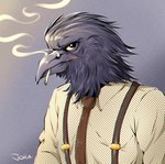 anthro black_body black_feathers brown_necktie cigarette clothing feathers headgear looking_at_viewer male necktie serious shirt simple_background smoke smoke_from_nose smoking smoking_cigarette solo suspenders topwear white_clothing white_shirt white_topwear jokazard avian bird corvid corvus_(genus) crow oscine passerine 2024 english_description headshot_portrait portrait