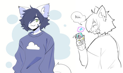 ambiguous_gender anthro black_eyebrows black_hair black_nose cellphone clothed clothing cloud cute_fangs electronics eyebrow_through_hair eyebrows fangs female fur gender_symbol green_eyes grey_background hair hair_over_eye holding_cellphone holding_object holding_phone holding_smartphone inner_ear_fluff looking_at_cellphone looking_at_object looking_at_phone male_symbol phone simple_background smartphone smile solo speech_bubble symbol tail teeth topwear translucent translucent_hair tuft white_background white_body white_fur theycallhimcake finley_(theycallhimcake) pb_(theycallhimcake) domestic_cat felid feline felis lagomorph leporid mallkin mammal rabbit 2024 digital_drawing_(artwork) digital_media_(artwork) english_description half-length_portrait hi_res portrait busty_boy_(lore) male_(lore)