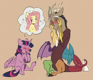 blush feathered_wings feathers female feral fetlocks group hair hooves horn laugh male membrane_(anatomy) membranous_wings multicolored_hair purple_body simple_background sparkles thought_bubble trio underhoof wings doodlemark friendship_is_magic hasbro my_little_pony mythology discord_(mlp) fluttershy_(mlp) twilight_sparkle_(mlp) chimera draconequus equid equine mammal mythological_creature mythological_equine pegasus winged_unicorn absurd_res hi_res