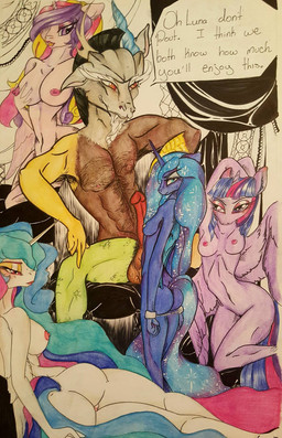 alternate_universe anthro anthrofied armpit_hair arms_above_head balls bdsm black_hair blue_body blue_eyes blue_hair body_hair bondage bound breasts butt chest_hair cuff_(restraint) dancing dialogue erection feathered_wings feathers female genitals group hair hand_on_breast handcuffs harem horn imminent_sex interspecies looking_at_viewer looking_back lying male male/female metal_cuffs multicolored_hair navel nipples nude on_side open_mouth penis pink_body pink_nipples pose purple_body purple_eyes purple_hair red_eyes restraints shackles sitting small_breasts standing text vulva white_body wings watercolor_(artist) friendship_is_magic hasbro my_little_pony mythology discord_(mlp) princess_cadance_(mlp) princess_celestia_(mlp) princess_luna_(mlp) twilight_sparkle_(mlp) chimera draconequus equid equine mammal mythological_creature mythological_equine winged_unicorn english_text hi_res indirect_incest_(lore) sibling_(lore) sister_(lore) sisters_(lore)