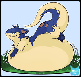 after_vore ambiguous_gender belly big_belly blue_body blue_ears blue_eyes blue_fur duo feral fur huge_belly tail tan_belly tan_tail vore weisyr nintendo pokemon generation_2_pokemon mammal pokemon_(species) quilava species_request 2026 hi_res watermark