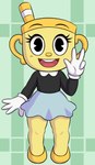 4_fingers bottomwear clothed clothing container cup female fingers footwear for_a_head gloves handwear looking_at_viewer markings mole_(marking) not_furry open_mouth open_smile skirt smile solo teeth thick_thighs tongue wide_hips yellow_body huitu_c cuphead_(game) ms._chalice animate_inanimate humanoid object_head absurd_res hi_res