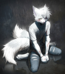 2_tails anthro biped blood blue_eyes bodily_fluids bottomwear cheek_tuft claws clothed clothing cuff_(restraint) ear_clip facial_tuft front_view green_eyes handcuffed handcuffs head_tuft heterochromia kneeling kneeling_on_ground looking_at_viewer male metal_cuffs multi_tail nosebleed pants raining restraints shirt solo tail toe_claws topwear torn_bottomwear torn_clothing torn_pants tuft water whiskers white_body frank-79 domestic_cat felid feline felis mammal 2023 hi_res