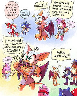 angry anthro bat_wings big_breasts blue_body blue_eyes bodily_fluids bottomless bottomwear breasts clothed clothing covering covering_breasts covering_crotch covering_vulva cross-popping_vein cute_fangs dialogue embarrassed eyelashes fangs female fist gloves group handwear headgear headwear male membrane_(anatomy) membranous_wings nude pink_body police police_badge police_hat police_uniform red_body shirt shorts sweat tail teeth text topwear torn_clothing uniform wings dorefatum sega sonic_the_hedgehog_(series) amy_rose knuckles_the_echidna rouge_the_bat sonic_the_hedgehog bat canid canine canis domestic_dog echidna eulipotyphlan hedgehog mammal monotreme 2025 4:5 english_text hi_res