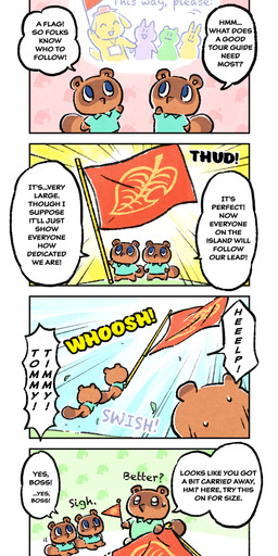 anthro blue_eyes brown_body brown_fur chibi clothing eyes_closed flag fur group shirt sitting slightly_chubby text topwear cho_hanayo animal_crossing nintendo timmy_nook tom_nook_(animal_crossing) tommy_nook canid canine mammal raccoon_dog tanuki 2020 absurd_res comic english_text hi_res official_art brother_(lore) brothers_(lore) nephew_(lore) sibling_(lore) twins_(lore) uncle_(lore) uncle_and_nephew_(lore)