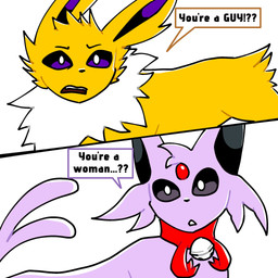 2_tails bell bell_collar black_eyes collar dialogue duo female femboy feral fur gem gender_confusion long_ears male male/female multi_tail multicolored_body neck_tuft open_mouth purple_body ribbons shocked simple_background speech_bubble tail tailless text tomboy tuft unusual_anatomy unusual_tail white_background white_tuft yellow_body yellow_fur randomayy nintendo pokemon eeveelution espeon generation_1_pokemon generation_2_pokemon jolteon pokemon_(species) 1:1 comic english_text hi_res