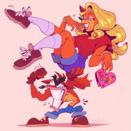 anthro blonde_hair bodily_fluids broken_back duo female green_eyes hair heart_symbol holidays lifting lifting_partner long_hair male size_difference smile tears frongfriend activision crash_bandicoot_(series) valentine's_day crash_bandicoot tawna_bandicoot bandicoot mammal marsupial 1:1 hi_res