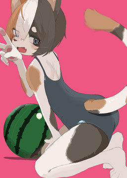 anthro barefoot blue_eyes blush clothed clothed_anthro clothed_male clothing crossdressing crossdressing_male cute_fangs fangs feet fur gesture hair hand_gesture kemono looking_at_viewer looking_back looking_back_at_viewer male male_anthro multicolored_body multicolored_fur multicolored_hair one-piece_swimsuit open_mouth pink_background short_hair simple_background solo swimwear tail teeth tongue v_sign aya_tsuji calico_cat domestic_cat felid feline felis mammal 2026 absurd_res digital_media_(artwork) hi_res
