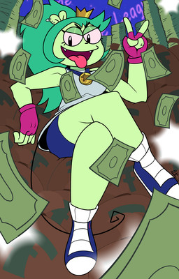 4_fingers aged_up anthro banknote camera_flash champion clothing crossed_legs crown dollar_sign_bag dress ear_piercing eyelashes female fingerless_gloves fingers footwear future gesture gloves green_body green_hair hair hand_gesture handwear headgear looking_at_viewer low-angle_view medal money money_bag piercing ponytail screen sharp_teeth shoes sitting sneakers solo teeth thick_thighs tongue tongue_out v_sign puchipi cartoon_network ok_k.o.!_let's_be_heroes adult_fink fink_(ok_k.o.!_lbh) mammal murid murine rat rodent hi_res