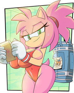 accessory anthro big_breasts black_nose bodily_fluids breasts camel_toe clothed clothing eyelashes female gloves green_eyes hair hair_accessory hairband handwear huge_breasts leotard long_hair looking_at_viewer navel_outline pink_hair ponytail punching_bag red_clothing red_leotard side_boob smile solo sweat wristband grimphantom sega sonic_the_hedgehog_(series) amy_rose eulipotyphlan hedgehog mammal 2026 hi_res