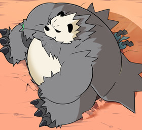 ambiguous_gender anthro belly butt_crush cracked_ground duo sitting sitting_on_another size_difference tail 96_gatefield nintendo pokemon generation_4_pokemon generation_6_pokemon lucario pangoro pokemon_(species) hi_res