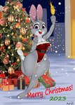 alcohol anthro beverage breasts buckteeth christmas_clothing christmas_tree cider cleavage clothed clothing female glass holding_beverage holding_object holidays looking_at_viewer open_mouth open_smile plant smile snow snowing solo standing teeth text thick_thighs tree wide_hipped_female wide_hips necroeddie christmas disney zootopia judy_hopps lagomorph leporid mammal rabbit 2023 english_text hi_res signature