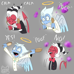 back_wings blue_body blue_hair blue_skin bow_tie brush cartoon_freckles dialogue feathered_wings feathers freckled_face freckles hair hairbrush halo horn instant_transformation long_tail male motion_lines poof poof_transformation red_body red_skin solo spade_tail species_transformation tail text transformation white_hair wings caramelcat85 hellaverse helluva_boss moxxie_(helluva_boss) angel angel_humanoid demon demon_humanoid humanoid imp 1:1 colored english_text