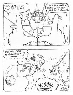 aiming anthro bare_butt bdsm begging bent_over big_butt bondage bound butt clothed clothed_anthro clothed_female clothing cutie_mark dialogue dominant dominant_anthro dominant_female duo eyes_closed female fully_clothed fully_clothed_anthro fully_clothed_female horn imminent_kick imminent_spanking imminent_torture partially_clothed_anthro partially_clothed_female pillow pincushion sewing_machine sewing_needle smile spanking_machine speech_bubble submissive submissive_anthro submissive_female text torture_device wrapped wrapped_arms wrapped_legs wrapped_up yelling circe_(artist) friendship_is_magic hasbro my_little_pony mythology blue_nile_(mlp) rarity_(mlp) earth_pony equid equine horse mammal mythological_creature mythological_equine pony unicorn black_and_white comic english_text monochrome traditional_media_(artwork)