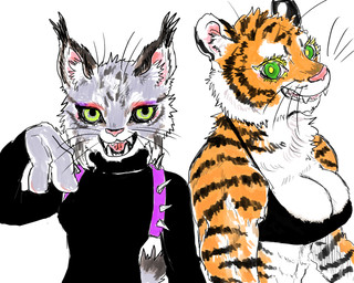 anthro big_breasts bra breasts cleavage clothed clothing countershading duo ear_tuft eyeshadow fangs female fur green_eyes grey_body grey_fur looking_at_viewer makeup muscular muscular_female open_mouth orange_body orange_fur pink_nose sharp_teeth simple_background smile spikes striped_body striped_fur stripes teeth topwear tuft underwear whiskers white_background white_body white_fur kyokyota felid feline lynx mammal pantherine tiger 2019 5:4 digital_media_(artwork) hi_res
