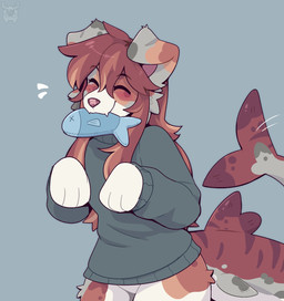 anthro bangs bottomless cheek_tuft clothed clothing eyebrows eyelashes eyes_closed facial_tuft female fish_tail floppy_ears fur hair hair_between_eyes happy long_hair motion_lines mouth_hold multicolored_body multicolored_fur multicolored_hair plushie plushie_in_mouth raised_eyebrows sidelocks simple_background snout solo sweater sweater_only topwear topwear_only tuft fleurfurr aquatic canid canine mammal absurd_res cel_shading colored digital_drawing_(artwork) digital_media_(artwork) hi_res shaded