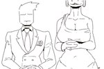 anthro big_breasts black_tie_(suit) bracelet breasts button_(fastener) cleavage clothed clothing dress duo ear_piercing ear_ring flower jewelry navel_outline necktie piercing plant ring ring_piercing rose_(flower) suit teeth deltav dinosaur human mammal prehistoric_species reptile scalie 3:2