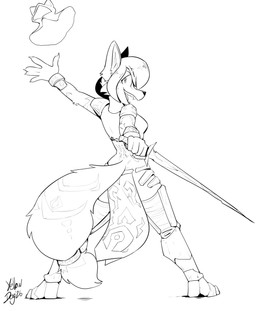 anthro armor biped bottomwear bracelet clothing cuisse female female_anthro greaves holding_melee_weapon holding_object holding_sword holding_weapon jewelry loincloth looking_at_viewer looking_back looking_back_at_viewer melee_weapon open_mouth open_smile sabatons smile solo sword unconvincing_armor weapon yellowdog canid canine fox mammal 2026 absurd_res digital_media_(artwork) hi_res monochrome