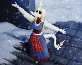 anthro biped black_eyes blonde_hair breasts clothed clothed_anthro clothed_female clothing dress feathered_tail feathers female fingers footwear freckles hair high-angle_view humanoid_hands long_hair medium_breasts non-mammal_breasts outside plantigrade shoes snow snowing solo spread_arms tail tan_body tan_feathers white_body yellow_sclera ahoeforcoffee cavemanon_studios puppet_pals snoot_game fan_character judee dinosaur prehistoric_species reptile saurischian scalie theropod troodon troodontid 2024 5:4 absurd_res colored hi_res shaded