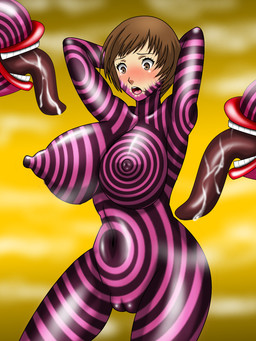 big_breasts big_nipples breasts brown_hair corruption female genitals group hair huge_breasts huge_nipples lips long_tongue monster_girl_(genre) nipples not_furry nude plump_labia puffy_nipples raised_arm simple_background solo_focus surprised thigh_gap tongue tongue_out transformation vulva wide_hips my_(mitinaka) atlus megami_tensei persona_(series) persona_4 sega chie_satonaka humanoid mammal monster monstrous_humanoid 2014 3:4 hi_res