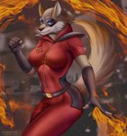 action_pose anthro belt belt_buckle bodysuit breasts buckle clothing elemental_manipulation female fire fire_manipulation hero mask pose skinsuit solo suit suit_symbol tight_clothing vigilante flowerxl legend_of_ahya fan_character murana_wolford_(darkflame-wolf) canid canine canis mammal wolf absurd_res hi_res