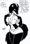 anthro belt belt_buckle bottomwear breasts buckle cleavage clothed clothing collared_shirt dialogue female knot midriff navel shirt shorts slim small_waist text tied_shirt topwear whiskers tegerio zandar's_saga catherine_o'daisies mammal mephitid skunk english_text monochrome