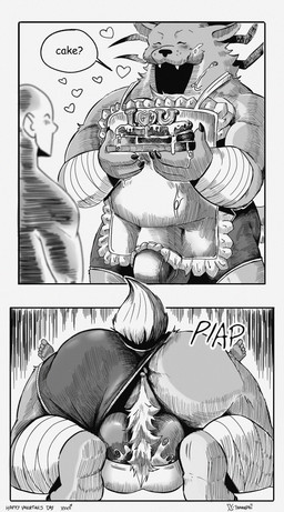 anal anthro big_butt bodily_fluids butt cake clothed clothing cum dessert dialogue duo food genital_fluids holidays male male/male overweight partially_clothed pubes sex underwear tanpa_(artist) spooky's_jump_scare_mansion valentine's_day anon specimen_8 deer human mammal absurd_res comic hi_res