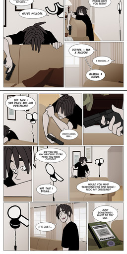 ambiguous_gender anthro black_body black_bottomwear black_clothing black_pants black_shirt black_topwear blue_bottomwear blue_choker blue_clothing blue_eyes blue_jewelry blue_necklace blue_pants bodily_fluids bottomwear brown_body brown_fur brown_hair cellphone choker clenched_teeth clothed clothing crossed_arms death dialogue discarded_clothing drugs electronics empty_eyes exclamation_point eyes_closed feet female female_death feral forked_tongue fully_clothed fur furniture furniture_lamp green_clothing green_shirt green_topwear group gun gun_to_head gunshot hair hissing holding_gun holding_object holding_ranged_weapon holding_weapon humanoid_feet imminent_death imminent_suicide inside jewelry killing male necklace open_mouth pants phone picture_frame pillow plantigrade ranged_weapon russian_roulette scared shirt sofa speech_bubble sweat tail teeth text tongue topwear weapon window window_curtains unknown_person wisp_(oc_tournament) cecilia_(katribou) dem_(unknown-person) jay_(unknown-person) ophio_(katribou) cobra deer human mammal reptile scalie shadow_creature snake 2011 absurd_res comic english_text hi_res long_image tall_image