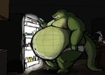 2023 alligator alligatorid anthro appliance belly belly_overhang big_belly bottle clothing comerboy75 container crocodile crocodilian crocodylid fridge green_body hi_res holding_object kitchen kitchen_appliance looking_at_object male navel nipples non-mammal_nipples obese obese_anthro obese_male overweight overweight_anthro overweight_male reptile scalie solo standing tail underwear
