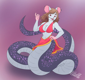 anthro apode bottomwear bra breasts bright brown_hair clothing coiling dress fangs female hair happy legless scales serpentine skirt solo split_form sunwynn tail teeth underwear cthuwulhu draconcopode hybrid lamia mammal mouse murid murine reptile rodent scalie snake absurd_res hi_res