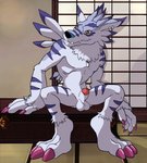 anthro dog_tags ear_piercing ear_ring genitals hand_on_object inside male penis piercing ring_piercing scar sitting smile solo teeth_showing yellow_eyes otakujackal thegreatmatsutzu bandai_namco digimon digimon_(species) weregarurumon