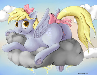 accessory amber_eyes anus blonde_hair blush bow_(feature) bow_accessory bow_ribbon butt cloud cutie_mark feathered_wings feathers female feral fur furgonomics genitals grey_body grey_feathers grey_fur hair hair_accessory hair_bow hair_ribbon looking_at_viewer looking_back outside ribbons sky smile solo tail tail_accessory tail_bow tail_ribbon tail_wraps text vulva wings wraps nezudomo friendship_is_magic hasbro my_little_pony mythology derpy_hooves_(mlp) equid equine mammal mythological_creature mythological_equine pegasus 2013 english_text