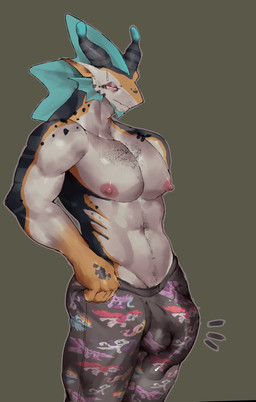 anthro bodily_fluids body_hair bottomwear bulge clothed clothing frill_(anatomy) genitals happy_trail looking_at_genitalia looking_at_penis male nervous nervous_sweat pants pants_only penis shirtless solo sweat sweatpants vitor_swissidoldragon hasbro my_little_pony mythology vitor_swissidoldragon_(character) dragon mythological_creature mythological_scalie scalie hi_res