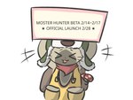 advertisement feral launch picket_sign text yuumisocute capcom monster_hunter beta_test domestic_cat felid feline felis felyne lynian mammal palico 4:3 english_text hi_res