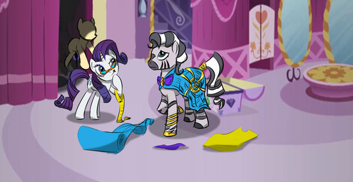 clothing cutie_mark dress duo female feral fitting_room horn measuring screencap screencap_background stripes tail toony unknown_artist friendship_is_magic hasbro my_little_pony mythology rarity_(mlp) zecora_(mlp) equid equine mammal mythological_creature mythological_equine unicorn zebra