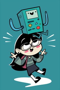 actor_allusion ambiguous_gender asian backpack black_clothing black_footwear black_hair black_shoes blue_bottomwear blue_clothing blue_skirt bottomwear cheek_tuft clothing computer dot_eyes duo electronics eyewear facial_tuft female footwear glasses green_background green_body hair machine not_furry pale_skin pattern_clothing pattern_sweater pattern_topwear pink_backpack simple_background simple_eyes skirt smile socks striped_clothing striped_sweater striped_topwear stripes sweater topwear tuft voice_actor_joke white_clothing white_footwear white_socks young young_female roastedstix adventure_time cartoon_network disney gravity_falls bmo candy_chiu human mammal mo_(adventure_time) robot 2014 crossover full-length_portrait portrait