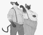 anthro chubby_cheeks clothing dress_shirt duo hand_on_belly male male/male overweight overweight_male shirt stuffing suspenders topwear wardrobe_malfunction weight_gain cettus whaleoil1 karras_lafontaine reuben_(derpoomer) domestic_cat felid feline felis mammal siamese hi_res monochrome