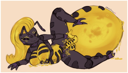 4_arms antennae_(anatomy) anthro arthropod_abdomen arthropod_abdomen_genitalia balls black_body black_skin blonde_hair bodily_fluids female food genitals gynomorph hair honey_(food) honey_on_breasts honey_on_genitals honey_on_hand honey_on_nipples honey_pussy_juice intersex lactating lactating_honey multi_arm multi_limb nude penis prehensile_penis solo swollen_breasts tapering_penis translucent translucent_balls translucent_body unusual_bodily_fluids unusual_lactation chaosferret ant arthropod honeypot_ant hymenopteran insect hi_res