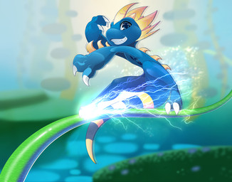 2_toes 3_fingers anthro biped blue_body blue_eyes blue_scales claws electricity electricity_manipulation elemental_manipulation feet fingers horn logo male male_anthro outside plant rail_grinding scales sliding smile smirk solo toe_claws toes vines yellow_body yellow_horn yellow_scales rudragon scaler scaler_(character) chameleon lizard reptile scalie 2015 artist_logo digital_media_(artwork)