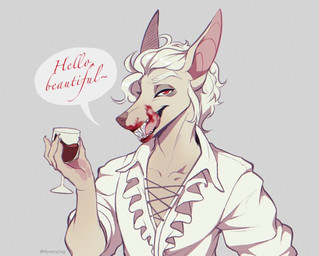 blood blood_on_face bodily_fluids clothed clothing male solo speech_bubble teeth mystery.dog canid canine canis dobermann domestic_dog mammal pinscher vampire
