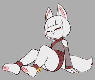 3_toes anthro asian_clothing bell bob_cut breasts cat_smile clothed clothing curvy_figure east_asian_clothing eyeliner eyes_closed feet female fluffy fluffy_tail fur hindpaw hourglass_figure inner_ear_fluff japanese_clothing makeup miko_outfit no_bra no_underwear pawpads paws shrine_maiden sitting soles solo tail toes tuft white_body white_fur e254e yuki_(e254e) canid canine fox mammal absurd_res hi_res