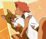 blush blush_stickers canid canine canis collar cowboy_bebop domestic_dog duo edward_wong_hau_pepelu_tivruski_iv ein_(cowboy_bebop) fangs female hair herding_dog human licking male male/female mammal myaaamashin orange_hair pastoral_dog red_collar teeth tongue tongue_out welsh_corgi